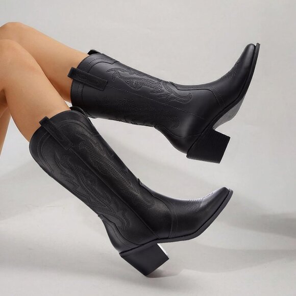 Women's Black Embroidered Pointed Toe Mid Calf Chunky Block Western Heel Boots - Picture 7 of 7